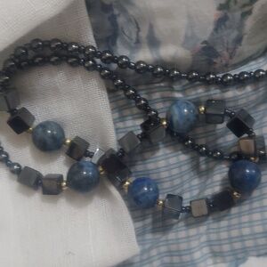 Hematite & Blue Lapis Cubes Beaded Shape Strand Necklace